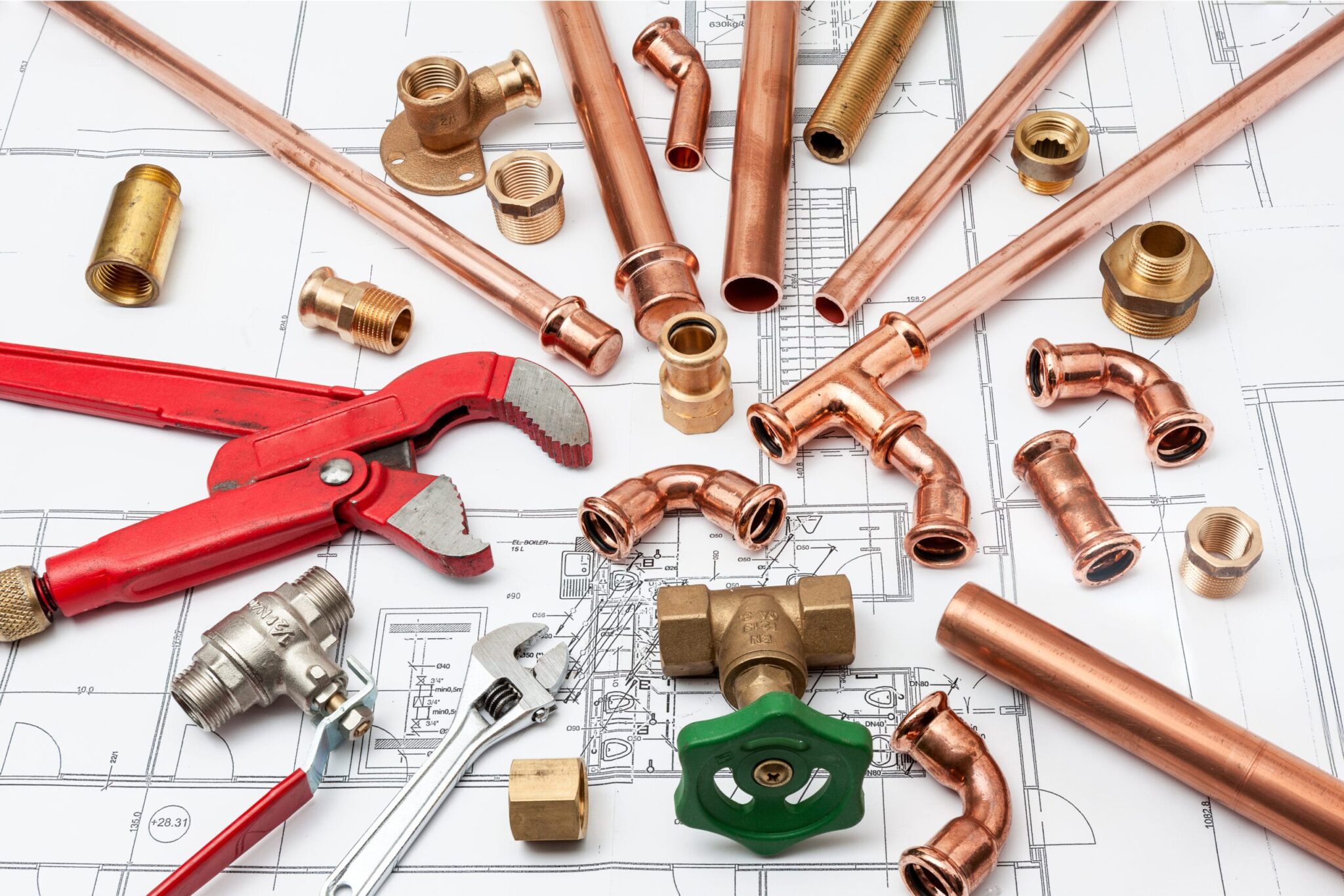 Copper pipes, fittings, valves, and plumbing tools in Winter Springs