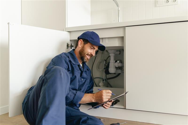 Residential plumber reviewing plumbing repairs in a Winter Springs kitchen